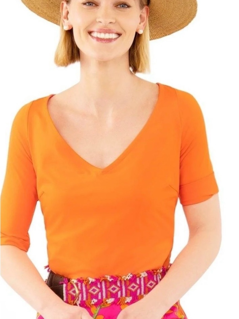 Gretchen Scott Designs V-Neck Short Sleeve Top in Orange